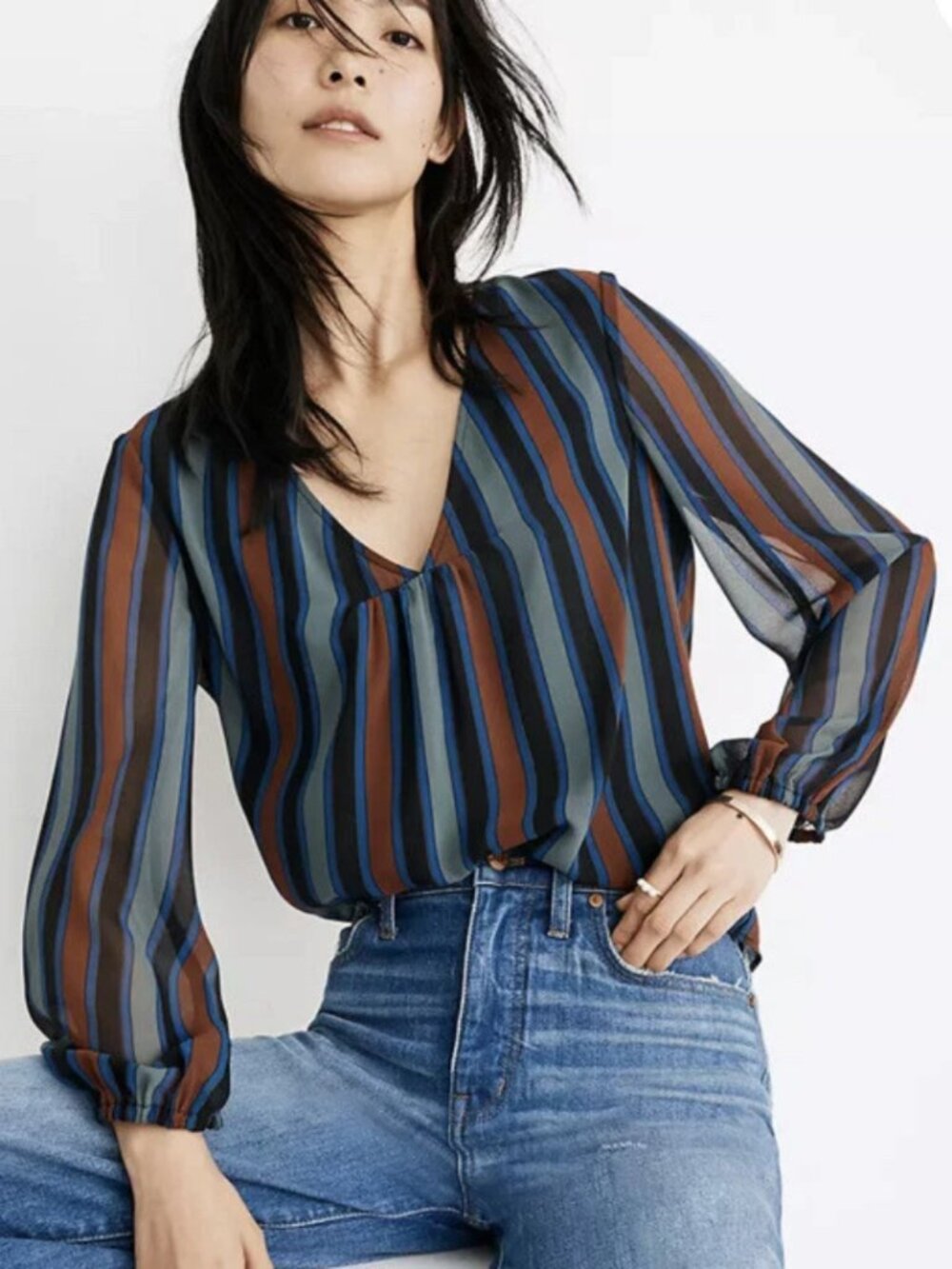 Madewell Vertical Stripe Pleated V-Neck Boxy Fit Top